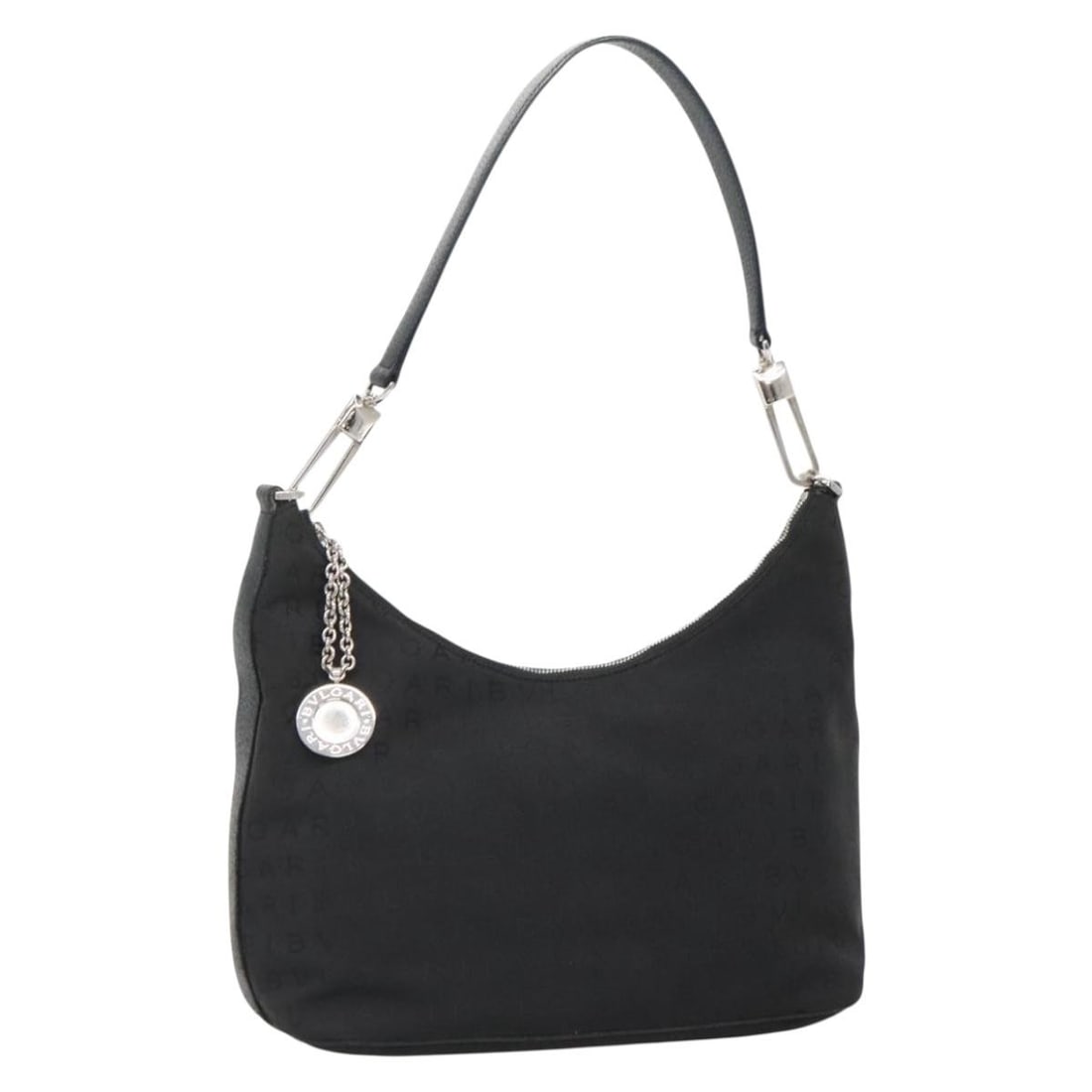 BVLGARI Logo Mania Black Silver Canvas Shoulder Bag Auth Italy: BVLGARI Logo Mania Black Silver Canvas Shoulder Bag Auth Italy This BVLGARI Logo Mania Shoulder Bag combines luxury with practicality, featuring a sleek black and silver canvas exterior. The bag measu