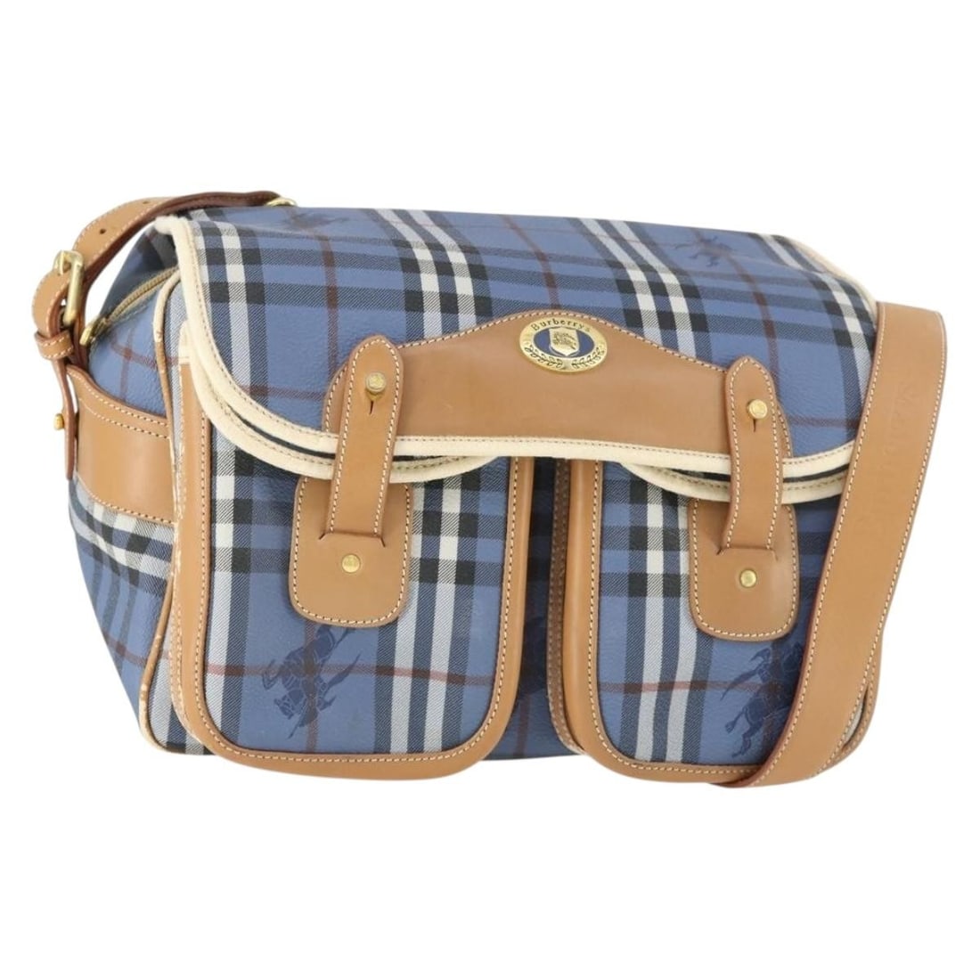 Blue PVC Leather Shoulder Purse from Burberrys Nova Check Pattern: Blue PVC Leather Shoulder Purse from Burberrys Nova Check Pattern This Burberrys Nova Check shoulder bag features blue and gold PVC leather with a classic design. The bag is made in Italy and includes