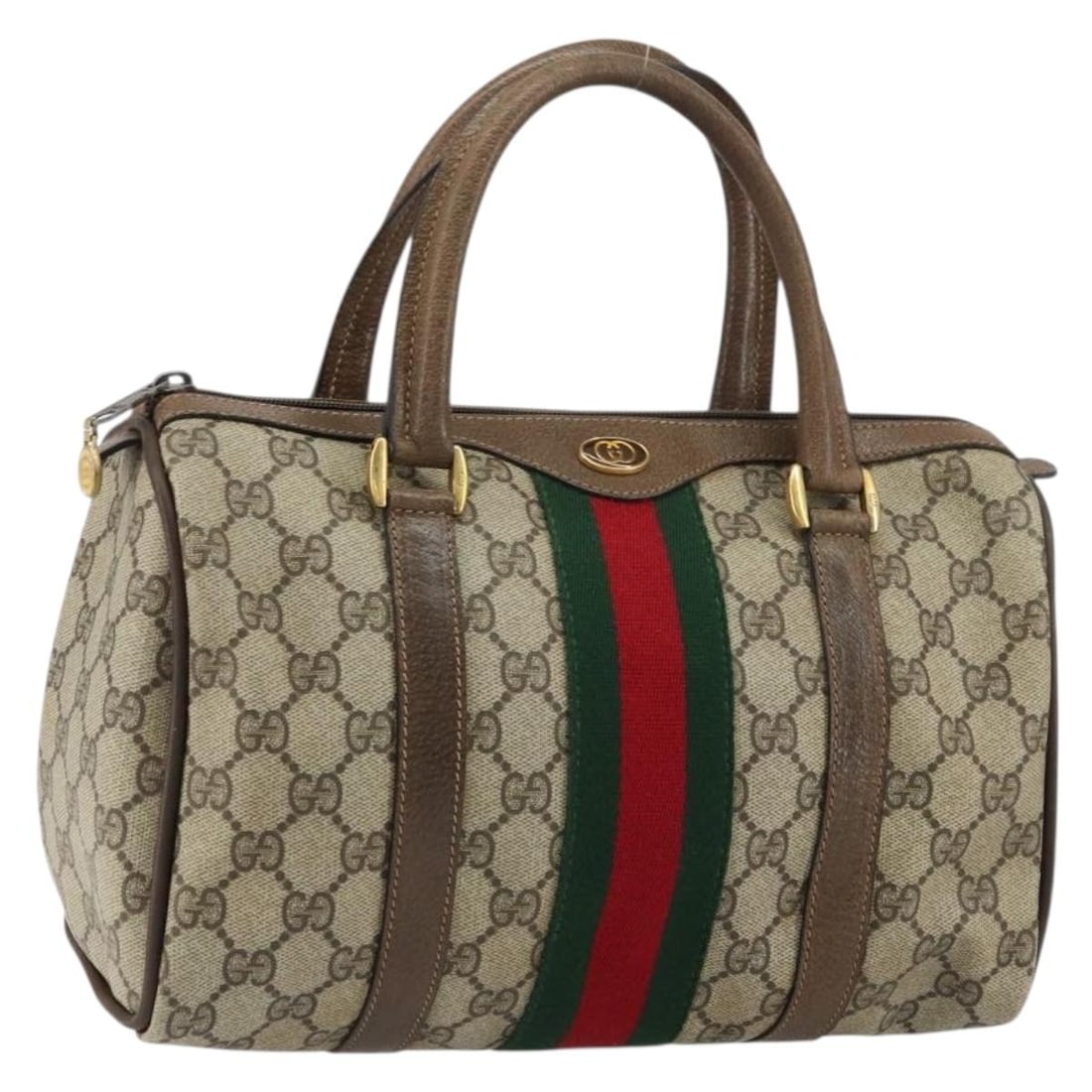 Beige GG Canvas Boston Bag by Gucci 40 02 006 Web Line: Beige GG Canvas Boston Bag by Gucci 40 02 006 Web Line This is a Gucci GG Supreme Web Sherry Line Boston Bag crafted in beige GG canvas with gold-tone accents. Made in Italy, this bag features a struc