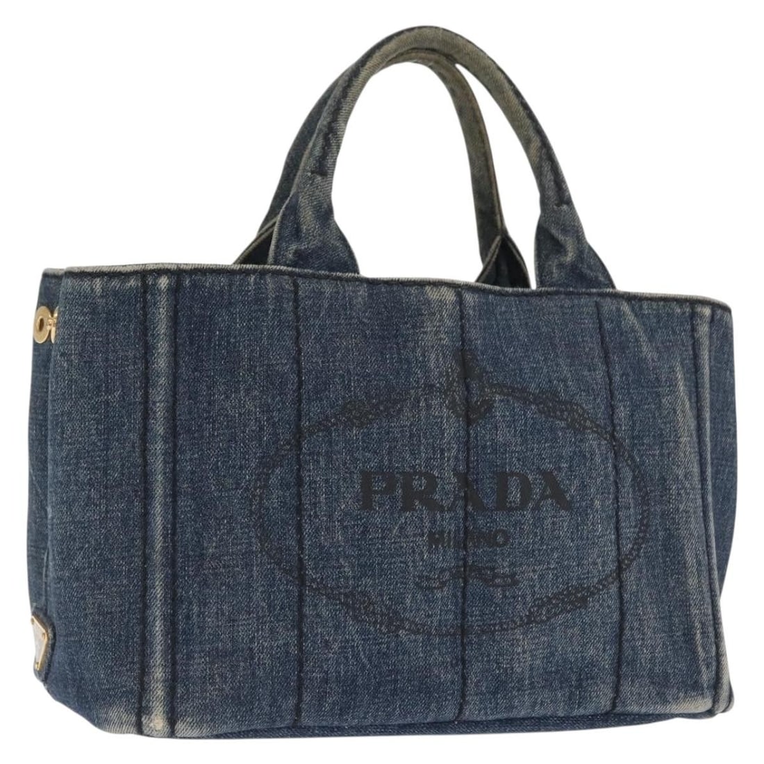 Prada Canapa PM Blue Canvas Handbag with Gold Accents: Prada Canapa PM Blue Canvas Handbag with Gold Accents This PRADA Canapa PM handbag features a blue and gold canvas exterior with gold-tone accents. The bag is made in Turkey and offers a compact, stru