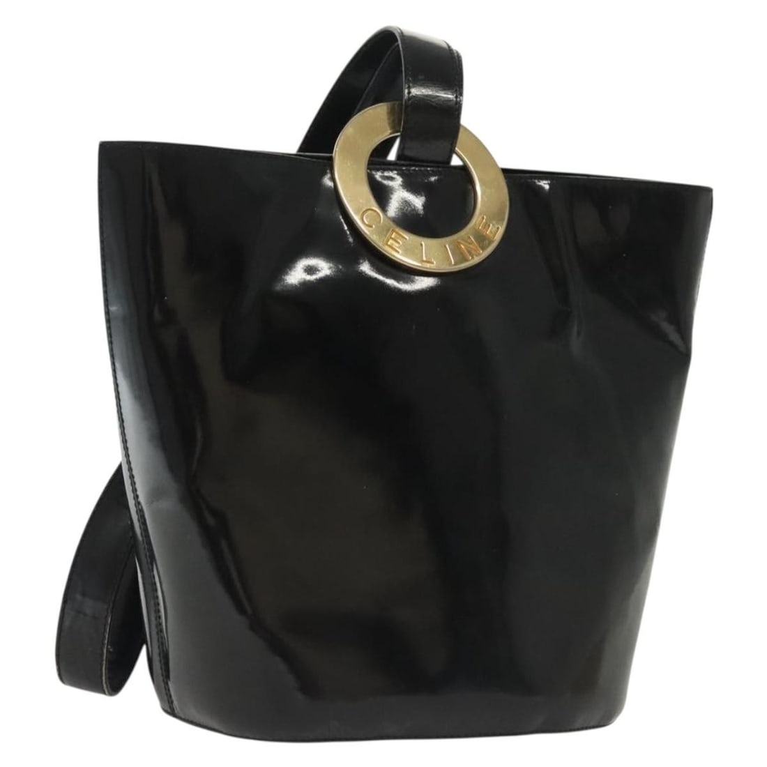 CELINE Black Gold Enamel Circle Shoulder Bag Auth 137438: CELINE Black Gold Enamel Circle Shoulder Bag Auth 137438 This authentic CELINE Circle Shoulder Bag showcases a stylish design in a chic black and gold color palette. Crafted from durable enamel, this