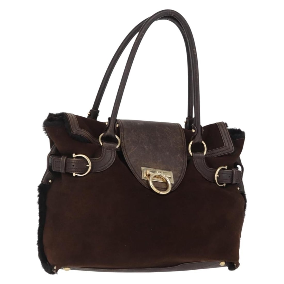 Brown Suede Gancini Handbag by Salvatore Ferragamo Gold Accents: Brown Suede Gancini Handbag by Salvatore Ferragamo Gold Accents This Salvatore Ferragamo Gancini hand bag features a brown suede exterior with gold-tone accents. The bag is heavily used, showing signs