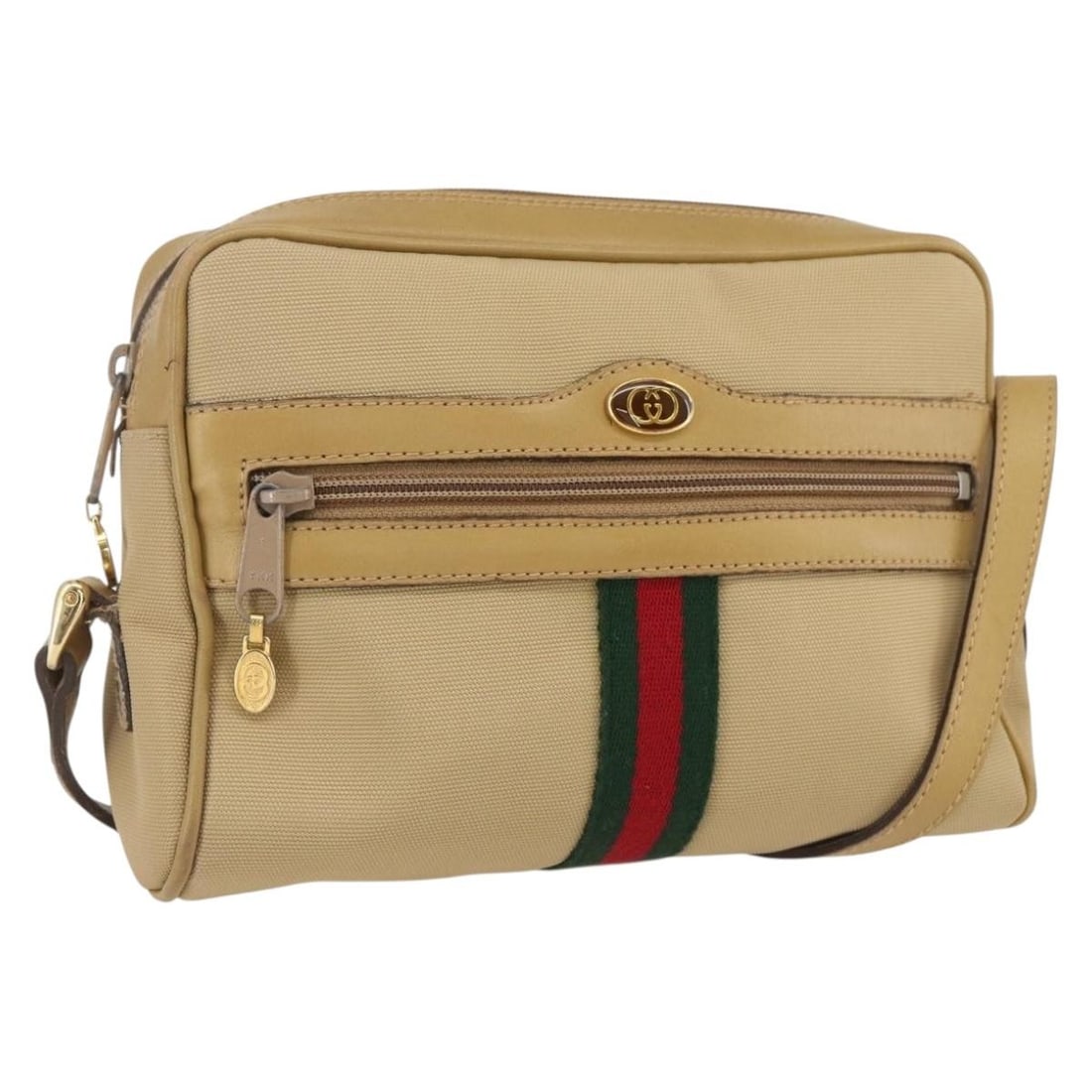 Beige Nylon Web Sherry Line Shoulder Bag by Gucci 010 378: Beige Nylon Web Sherry Line Shoulder Bag by Gucci 010 378 This GUCCI Web Sherry Line shoulder bag is crafted from beige, gold, and red nylon. The bag features a shoulder strap with a drop length betwe