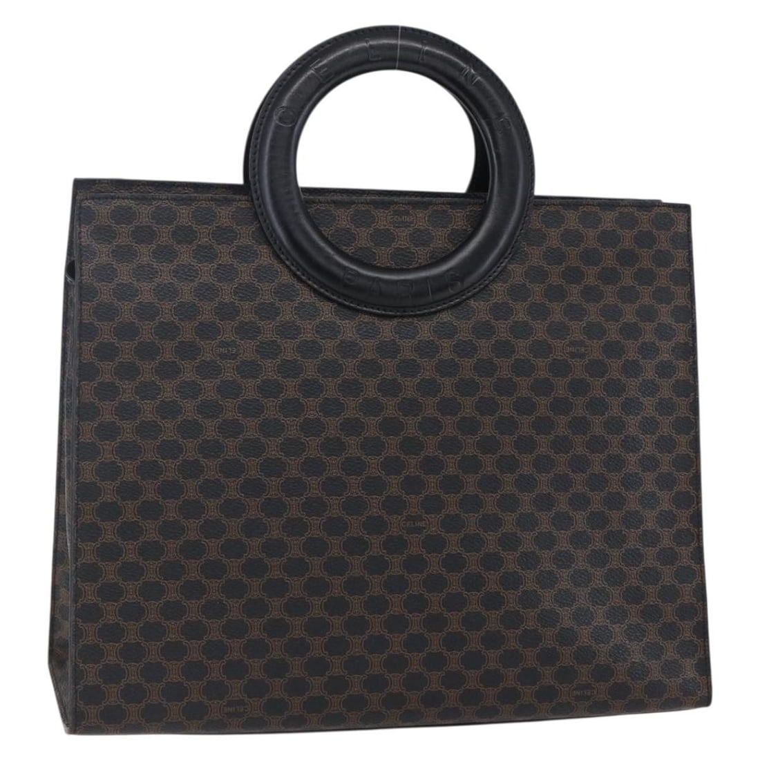 CELINE Macadam Canvas Hand Bag Black Gold PVC Leather Auth 153472: CELINE Macadam Canvas Hand Bag Black Gold PVC Leather Auth 153472 This authentic CELINE Macadam Canvas Circle Hand Bag combines elegance and functionality. Made in Italy, it features a sophisticated b