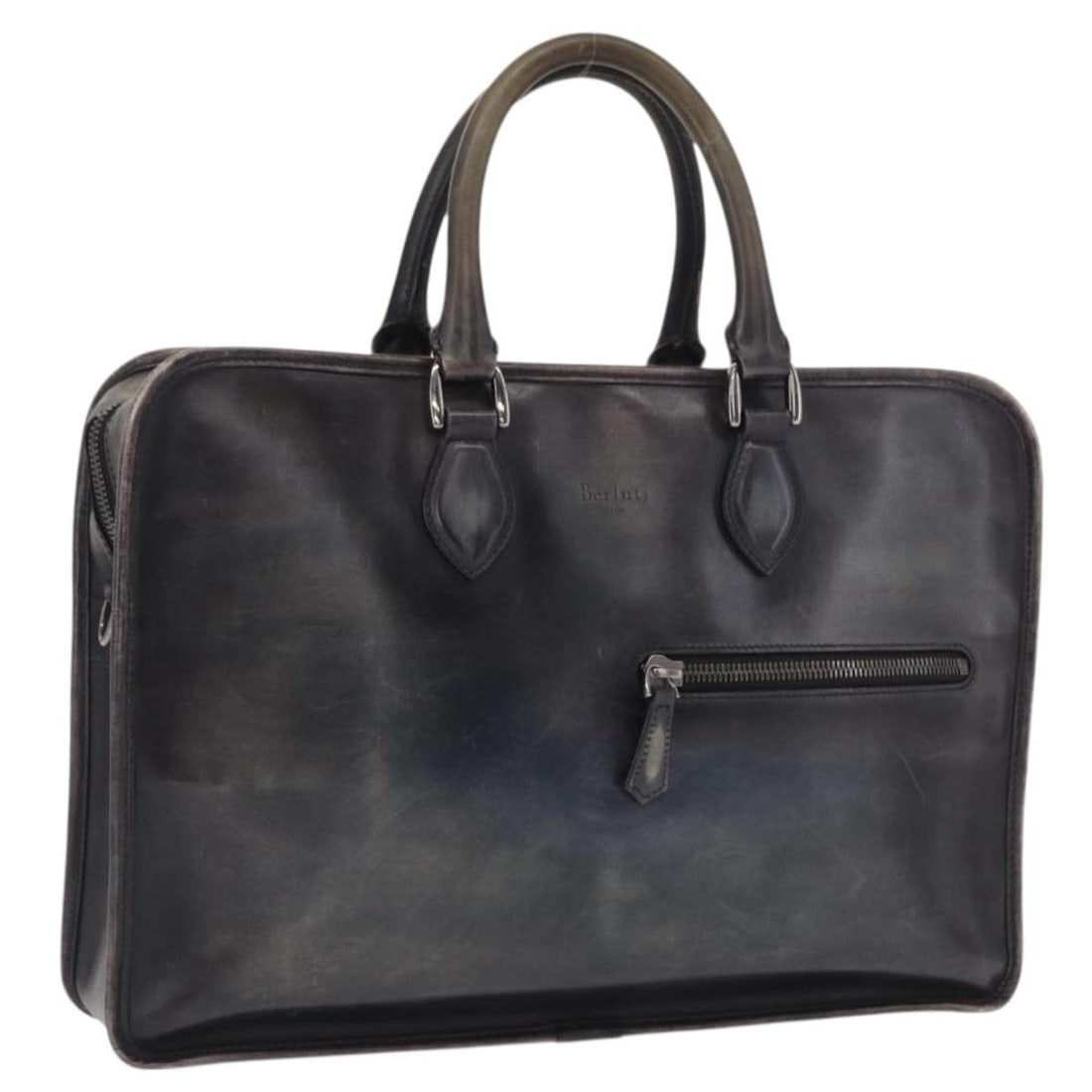 Navy Leather Berluti Handbag Italian Made: Navy Leather Berluti Handbag Italian Made This Berluti hand bag is crafted from navy leather and features a classic silhouette. Made in Italy, the bag offers ample space with its generous dimensions a