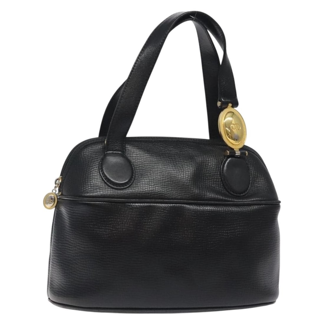 Christian Dior Black Leather Handbag with Gold Accents: Christian Dior Black Leather Handbag with Gold Accents This Christian Dior hand bag features black leather with gold-tone accents. The bag is made in France and has a handle drop of approximately 5.1