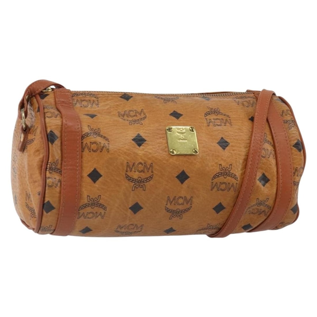 MCM Vicetos Brown PVC Logogram Shoulder Bag Gold Accents: MCM Vicetos Brown PVC Logogram Shoulder Bag Gold Accents This MCM Logogram Vicetos shoulder bag features a brown and gold PVC leather exterior with a structured silhouette. The bag includes a shoulder