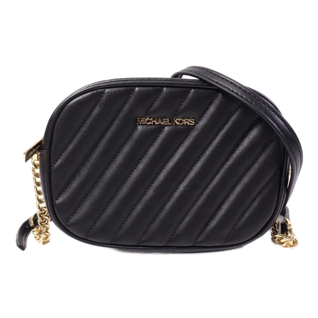Michael Kors Black Lambskin Shoulder Bag with Gold Hardware: Michael Kors Black Lambskin Shoulder Bag with Gold Hardware This Michael Kors shoulder bag is crafted from black lambskin leather and features a classic design with a regular size. The bag offers a st