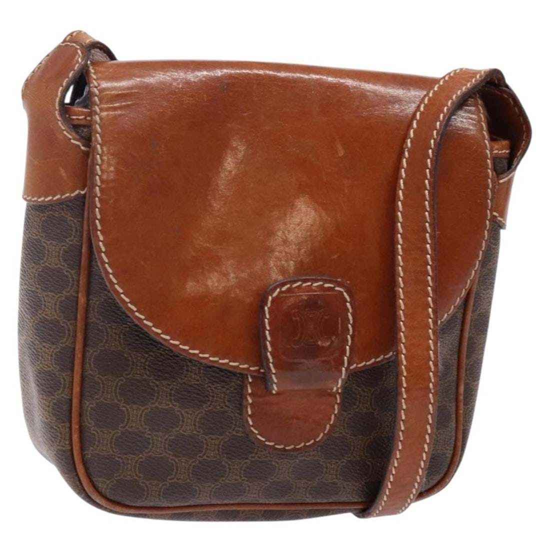 CELINE Macadam Canvas Shoulder Bag Brown Gold PVC Leather Auth Italy: CELINE Macadam Canvas Shoulder Bag Brown Gold PVC Leather Auth Italy Introducing a stylish CELINE Macadam Canvas Shoulder Bag, expertly crafted in Italy. This elegant bag features a luxurious blend of