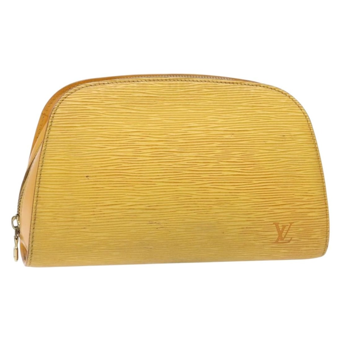 LOUIS VUITTON Epi Dauphine GM Pouch Yellow Made in France: LOUIS VUITTON Epi Dauphine GM Pouch Yellow Made in France Introducing the LOUIS VUITTON Epi Dauphine GM Pouch in a vibrant yellow hue. This stylish pouch is crafted from durable Epi leather, known for