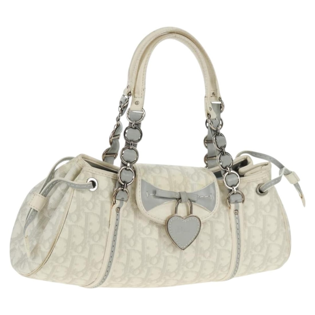 Dior Trotter Romantic White PVC Handbag with Chain and Dust Bag: Dior Trotter Romantic White PVC Handbag with Chain and Dust Bag This Christian Dior Trotter Romantic chain handbag features a white and silver color scheme crafted from PVC leather and Trotter canvas.