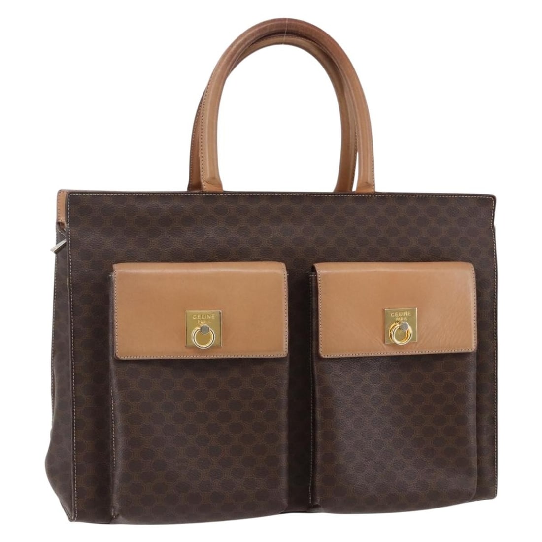 CELINE Macadam Canvas Tote Bag Brown Gold PVC Leather Made in Italy: CELINE Macadam Canvas Tote Bag Brown Gold PVC Leather Made in Italy This CELINE Macadam Canvas Tote Bag combines a stylish brown and gold color scheme with durable PVC leather and Macadam canvas mater