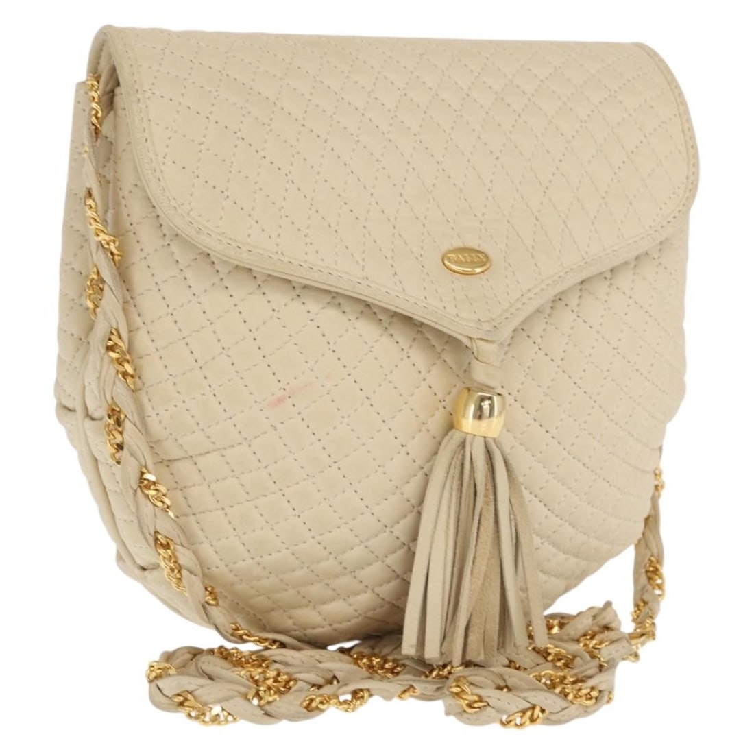 Ivory Gold Leather Shoulder Bag by Bally Made in Italy: Ivory Gold Leather Shoulder Bag by Bally Made in Italy This Bally shoulder bag is crafted from ivory leather with gold accents, featuring a compact and elegant design. It measures approximately 8.3 in