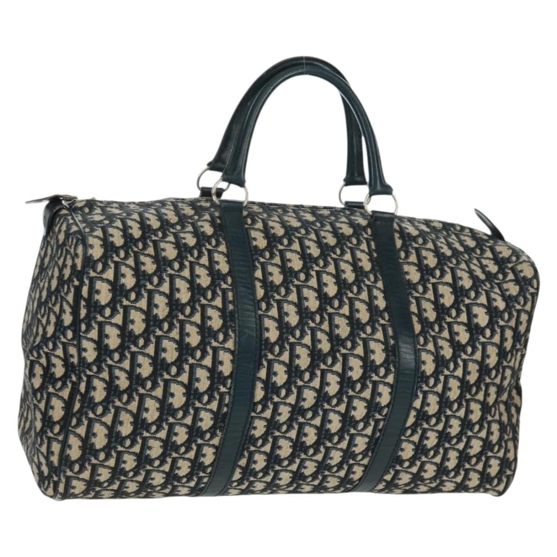 Dior Mini Boston Handbag Navy Trotter Canvas Silver Accents France: Dior Mini Boston Handbag Navy Trotter Canvas Silver Accents France This Christian Dior Trotter Canvas Mini Boston Bag features a navy and silver exterior crafted from signature Trotter canvas. The bag