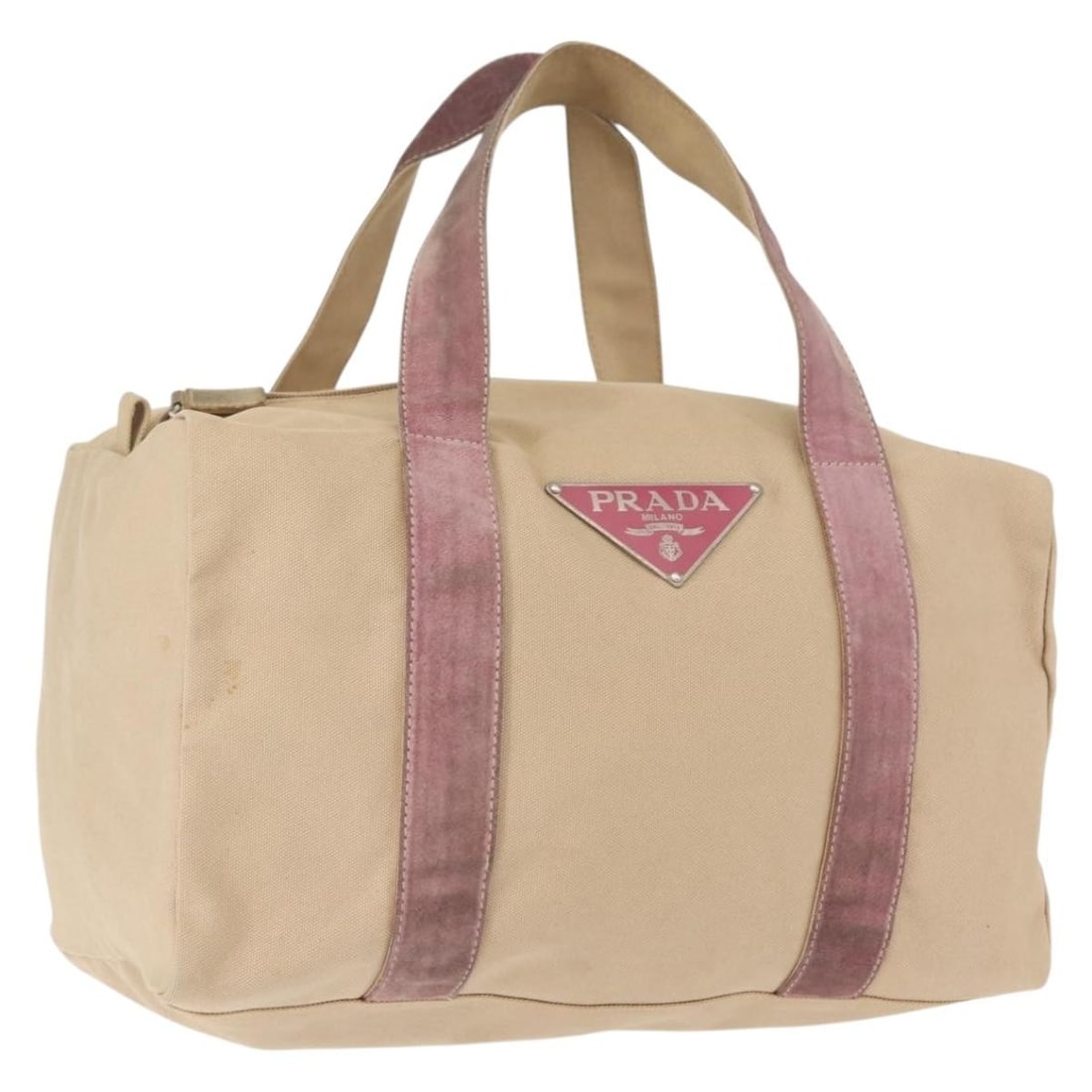 Prada Beige and Silver Canvas Tote with Leather Trim and Guarantee Card: Prada Beige and Silver Canvas Tote with Leather Trim and Guarantee Card This PRADA tote bag features a beige and silver canvas exterior with leather accents. The bag includes a spacious interior and d