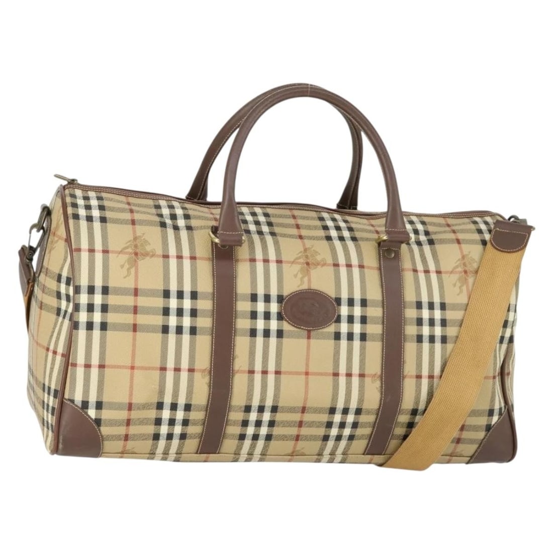 Beige PVC Leather Burberrys Nova Check Boston Bag with Shoulder Strap: Beige PVC Leather Burberrys Nova Check Boston Bag with Shoulder Strap This Burberrys Boston bag features the iconic Nova Check pattern in beige PVC leather. Designed for versatility, it offers both ha