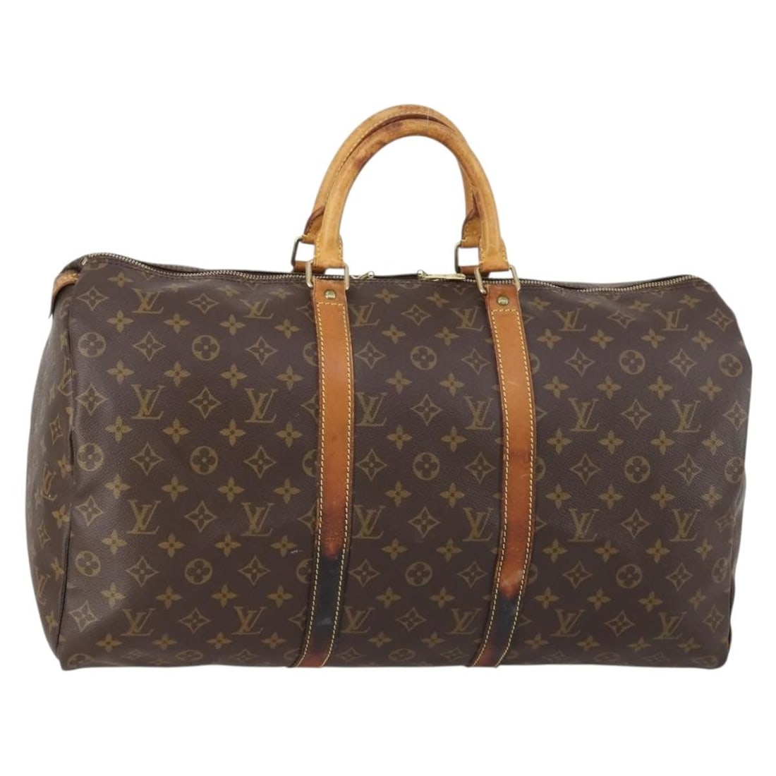 LOUIS VUITTON Monogram Keepall 50 Boston Bag M41426 with Name Tag: LOUIS VUITTON Monogram Keepall 50 Boston Bag M41426 with Name Tag Introducing the Louis Vuitton Monogram Keepall 50 Boston Bag, a stylish and practical travel companion crafted in France. This iconic