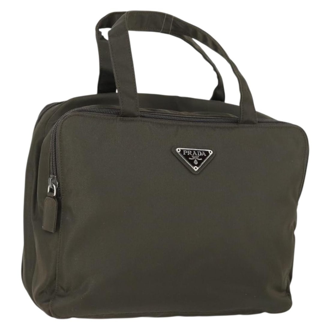 Prada Khaki Nylon Handbag with Silver Accents BA9936: Prada Khaki Nylon Handbag with Silver Accents BA9936 This PRADA hand bag features a khaki nylon exterior with silver accents. Made in Italy, it offers a spacious main compartment and a practical handl