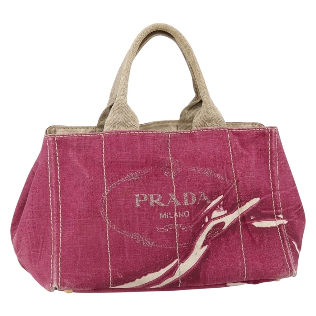 PRADA Canapa MM Hand Bag Canvas Pink Gold Made in Italy: PRADA Canapa MM Hand Bag Canvas Pink Gold Made in Italy Elevate your accessory collection with the PRADA Canapa MM Hand Bag. Crafted from durable canvas, this stylish bag showcases a chic pink and gol