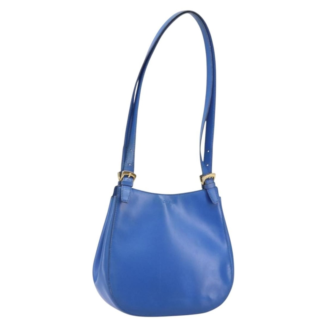 Blue Leather Shoulder Bag by CELINE with Gold Accents: Blue Leather Shoulder Bag by CELINE with Gold Accents This CELINE shoulder bag features blue and gold leather with a structured silhouette. Made in Italy, the bag includes a shoulder strap with an adj