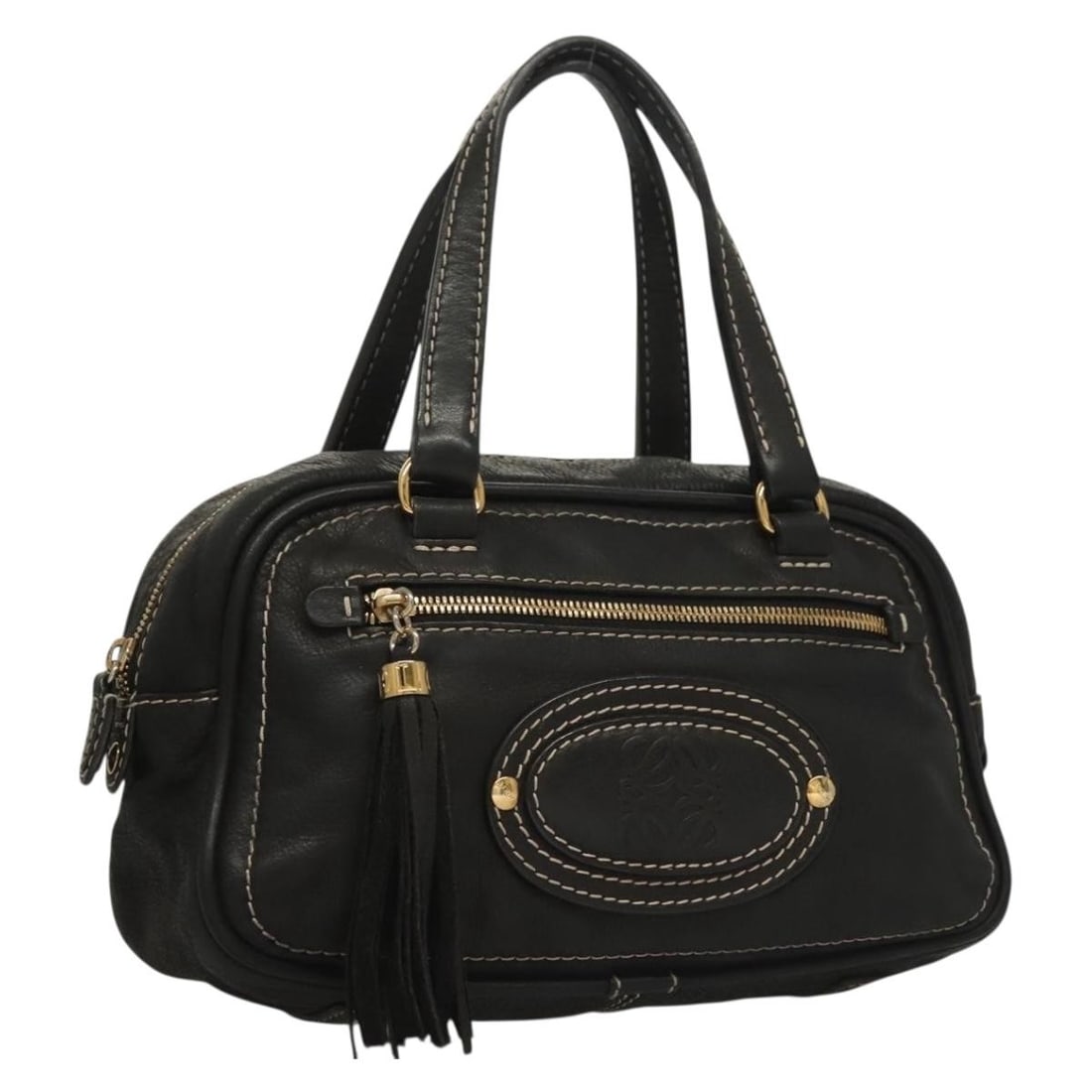 LOEWE Leather Anagram Hand Bag Black Gold Made in Spain: LOEWE Leather Anagram Hand Bag Black Gold Made in Spain This LOEWE Anagram Hand Bag showcases a sophisticated blend of black and gold leather, embodying the brand's iconic craftsmanship. Ideal for sty