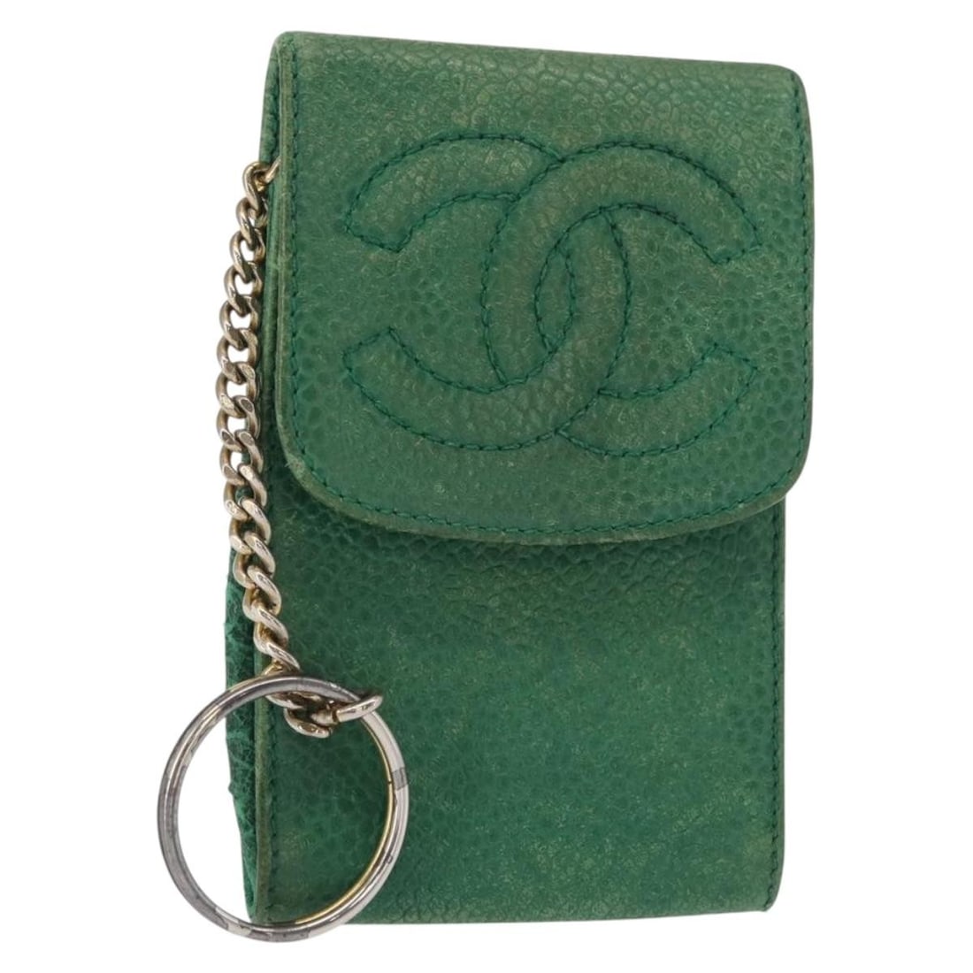 CHANEL Coco Pouch Caviar Skin Green Gold CC Auth BA8922: CHANEL Coco Pouch Caviar Skin Green Gold CC Auth BA8922 Introducing the CHANEL COCO Mark Pouch, a stylish accessory crafted from luxurious Caviar Skin in a striking green and gold color combination. T