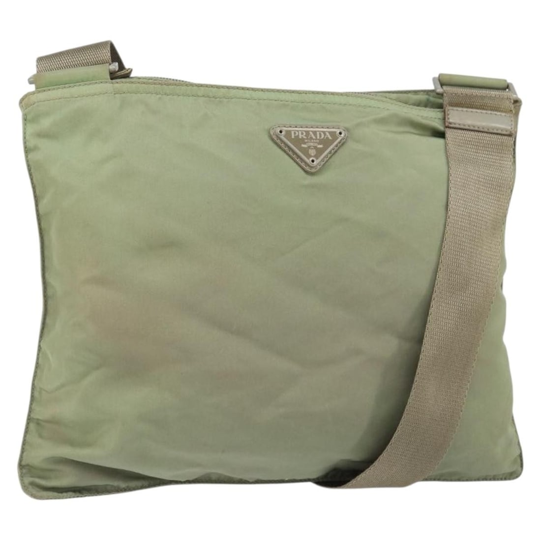 Prada Green Nylon Shoulder Bag with Gold Accents Made in Italy: Prada Green Nylon Shoulder Bag with Gold Accents Made in Italy This PRADA shoulder bag features a green and gold nylon exterior with gold-tone accents. The bag is made in Italy and includes an adjusta