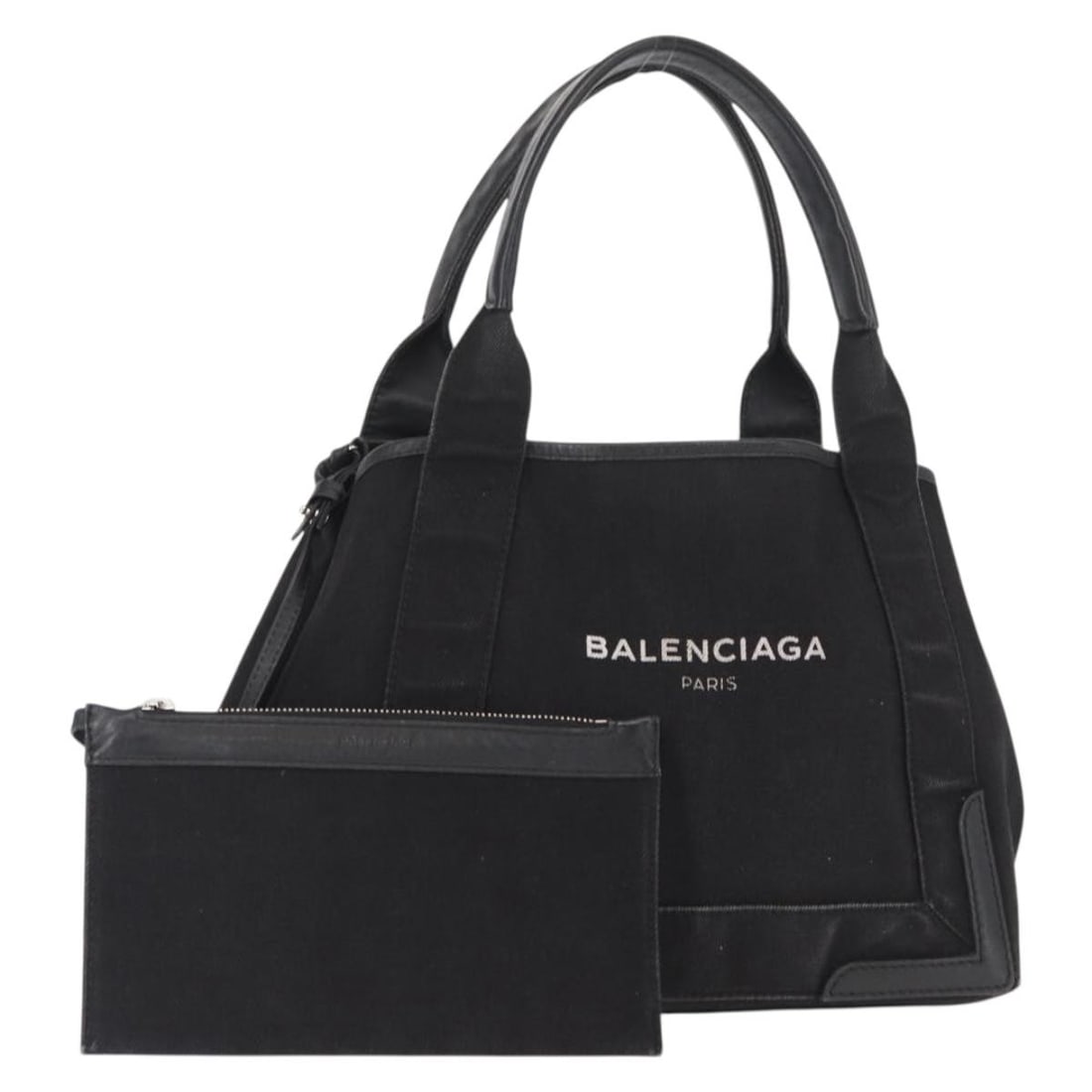 Balenciaga Navy Cabas S Black Canvas Handbag with Pouch 339933: Balenciaga Navy Cabas S Black Canvas Handbag with Pouch 339933 This Balenciaga Navy Cabas S hand bag features a black canvas exterior and comes with a matching pouch. The bag is made in Italy and is d