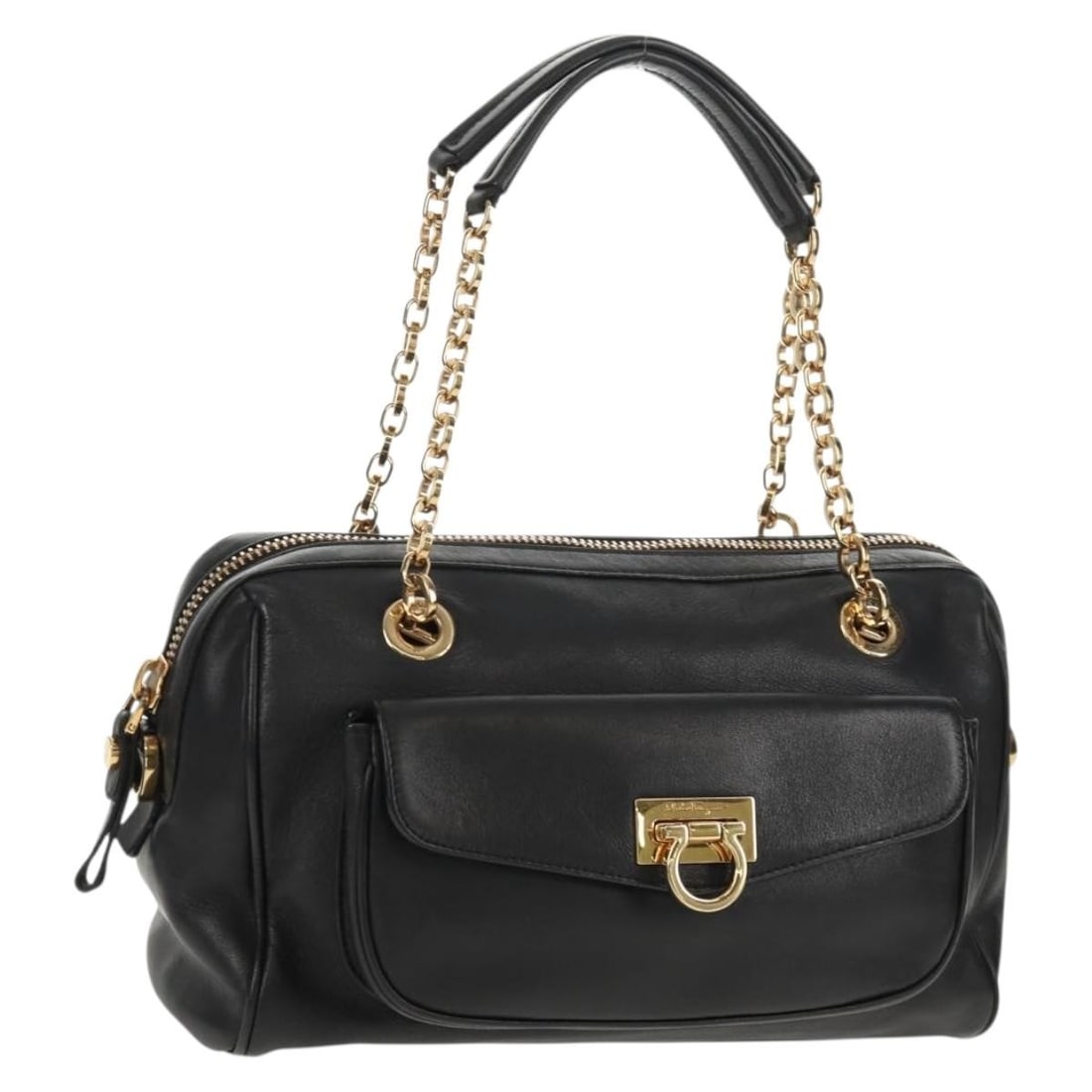 Salvatore Ferragamo Gancini Chain Hand Bag Black Gold Leather Auth BA8686V (1 of 18)