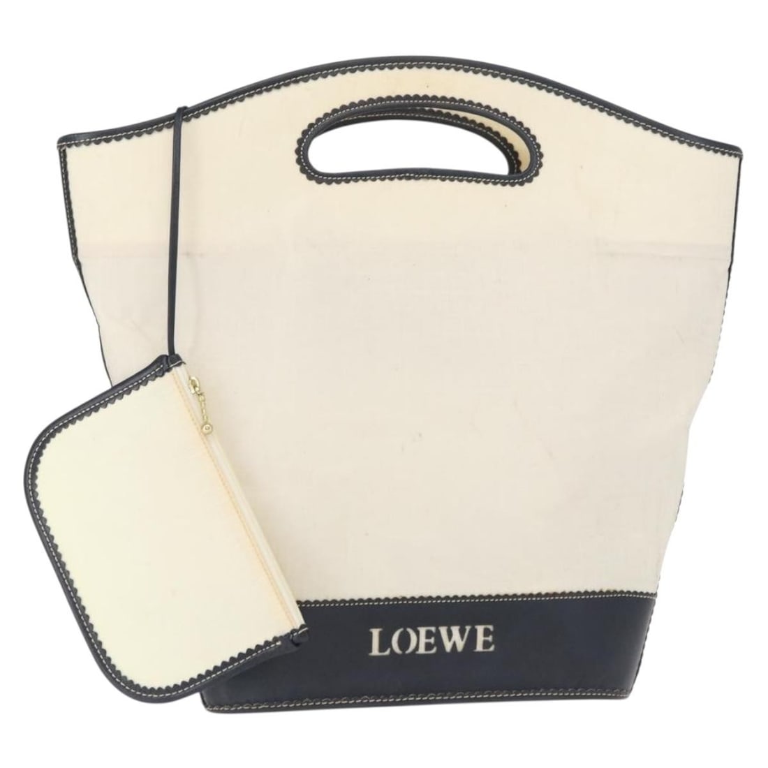 LOEWE Canvas Hand Bag White Gold with Pouch Spain Auth: LOEWE Canvas Hand Bag White Gold with Pouch Spain Auth This LOEWE Hand Bag is a stylish accessory crafted from durable canvas, featuring a chic white and gold color combination. Designed for versatili
