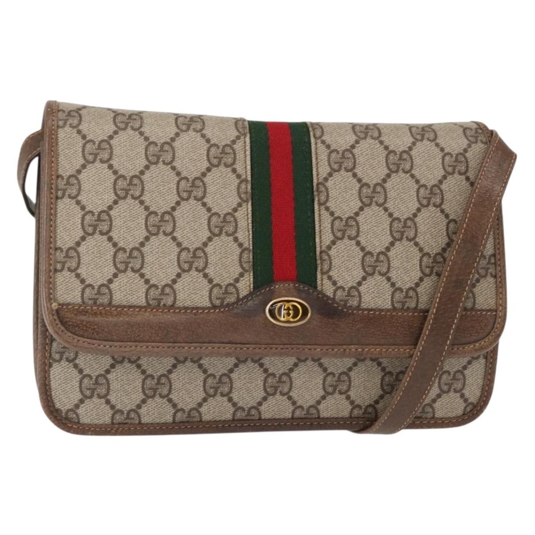 GUCCI GG Supreme Sherry Line Beige Gold Shoulder Bag PVC Authentic: GUCCI GG Supreme Sherry Line Beige Gold Shoulder Bag PVC Authentic Elevate your style with this GUCCI GG Supreme Web Sherry Line Shoulder Bag, crafted in Italy from durable PVC leather and GG canvas.