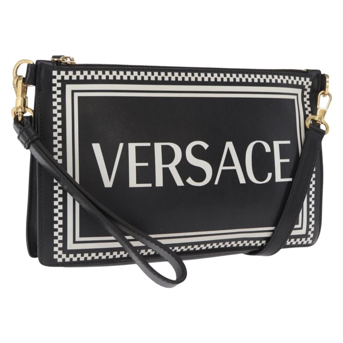 Black and Gold Leather Versace Shoulder Bag from Italy: Black and Gold Leather Versace Shoulder Bag from Italy This is a VERSACE shoulder bag crafted from black and gold leather. Made in Italy, the bag features a structured silhouette with a single shoulde