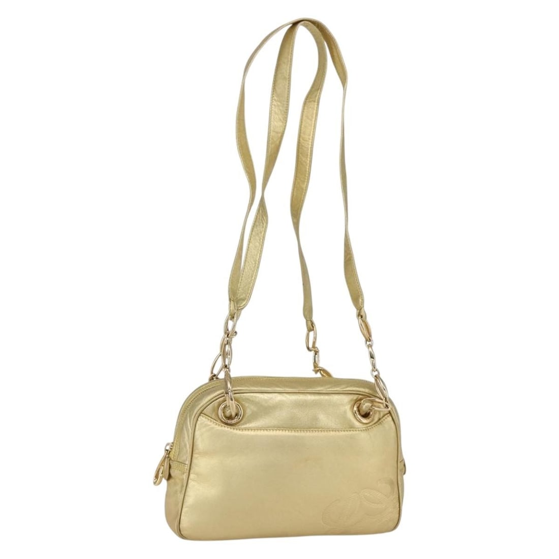 LOEWE Gold Leather Anagram Shoulder Bag Auth 153984: LOEWE Gold Leather Anagram Shoulder Bag Auth 153984 The LOEWE Anagram Shoulder Bag is a stylish accessory crafted from high-quality leather in a stunning gold color. This shoulder bag features a compa