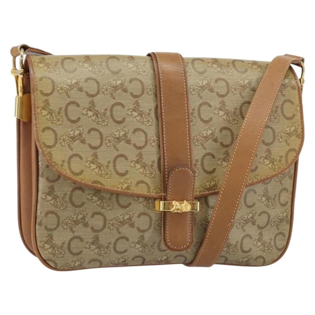 Celine Beige PVC Shoulder Bag with Horse Carriage Motif and Gold Details: Celine Beige PVC Shoulder Bag with Horse Carriage Motif and Gold Details This Celine C Sulky Horse Carriage shoulder bag features a beige and gold PVC leather exterior with a classic shoulder bag silh