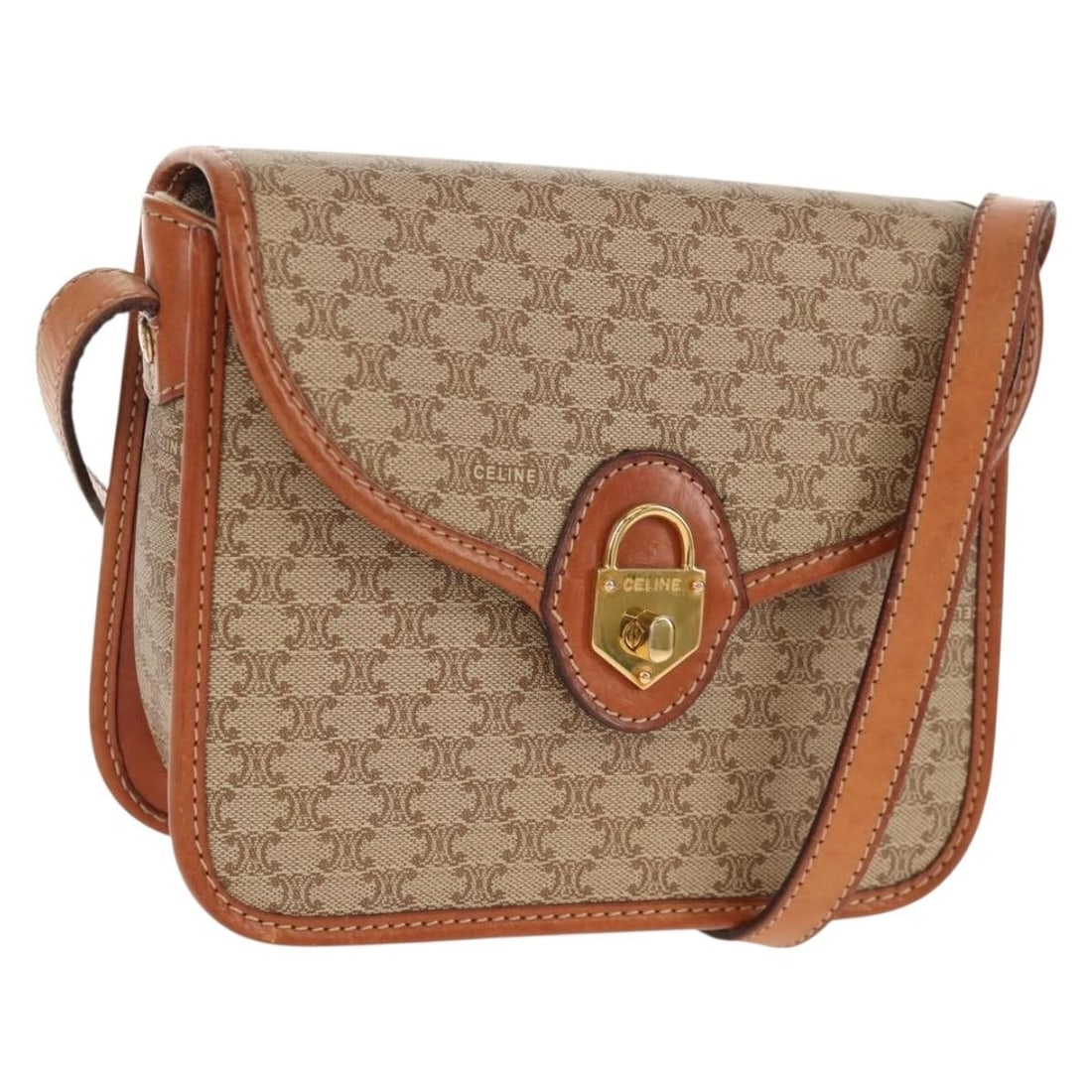 Beige Macadam Canvas PVC Shoulder Bag by CELINE with Gold Accents: Beige Macadam Canvas PVC Shoulder Bag by CELINE with Gold Accents This CELINE shoulder bag features the iconic Macadam canvas and PVC leather in a beige and gold color scheme. The bag is made in Italy