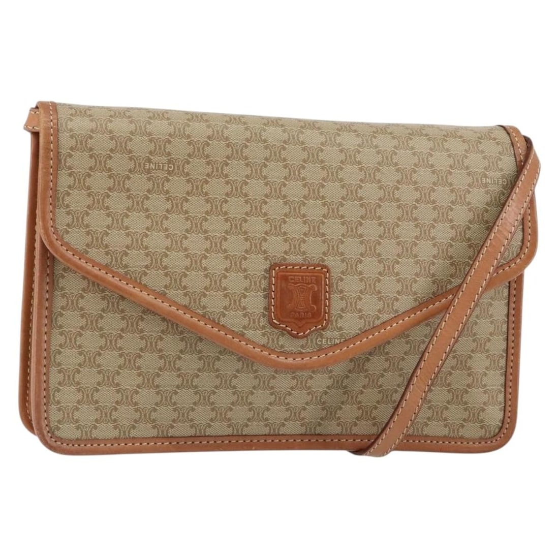 CELINE Macadam Beige Gold PVC Leather Shoulder Bag Italy Auth: CELINE Macadam Beige Gold PVC Leather Shoulder Bag Italy Auth This elegant CELINE Macadam Canvas Shoulder Bag combines PVC leather and Macadam canvas for a stylish look. Its exterior features a sophis