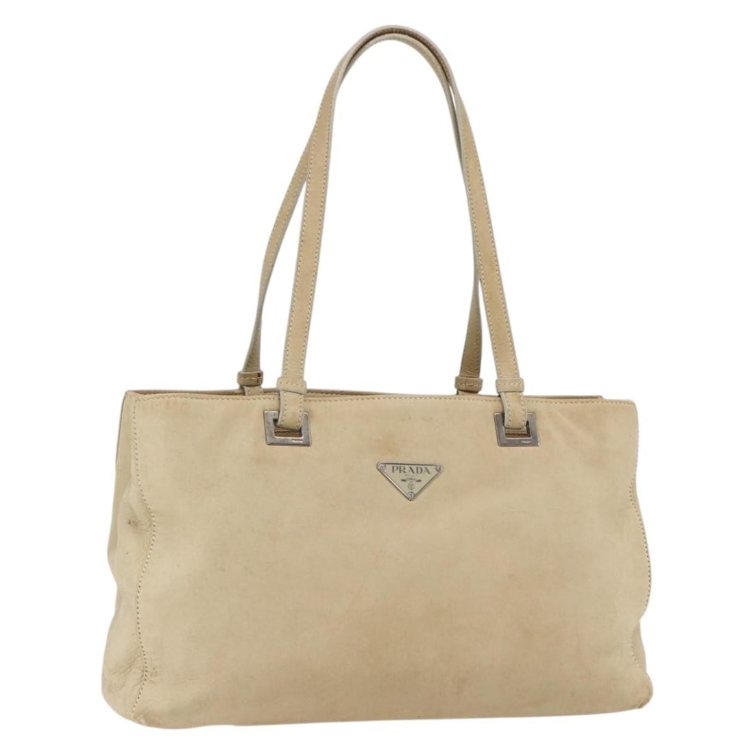 PRADA Beige Silver Leather Tote Bag Auth Italy 157226: PRADA Beige Silver Leather Tote Bag Auth Italy 157226 This authentic PRADA tote bag is a stylish accessory crafted in Italy from high-quality leather. Its elegant beige and silver exterior is compleme