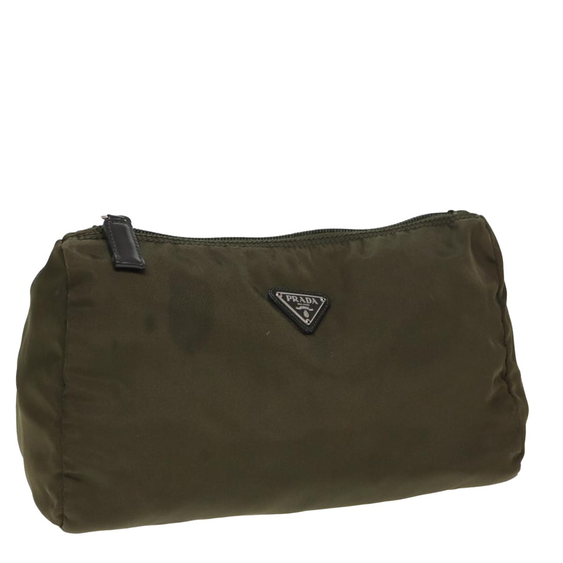 Prada Nylon Zip Around Pouch in Khaki 25cm by 15cm by 8cm: Prada Nylon Zip Around Pouch in Khaki 25cm by 15cm by 8cm This Prada Zip Around Pouch for women features a khaki nylon exterior with a zip-around closure. The pouch shows signs of wear including surfa