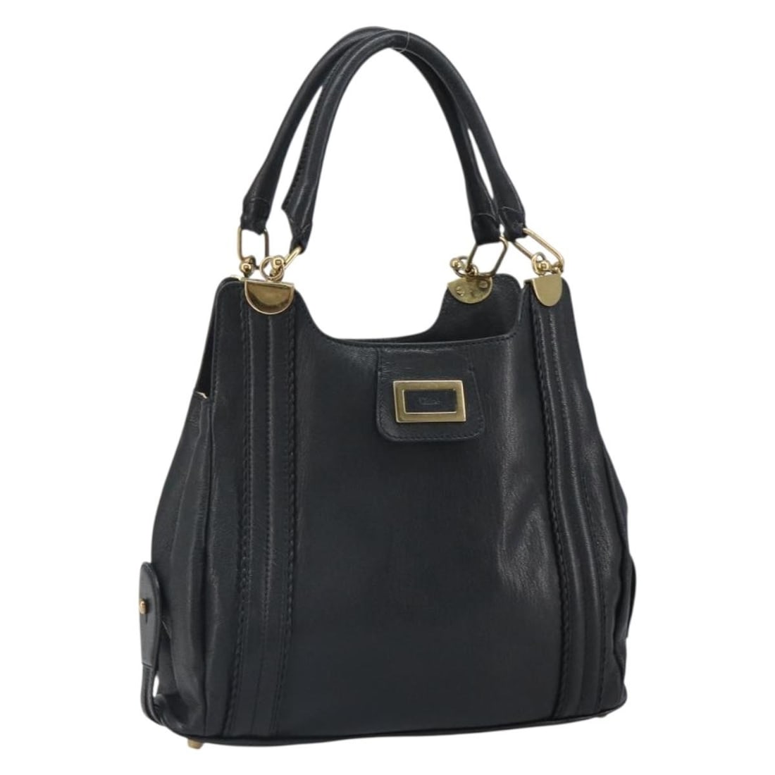 Chloe Irene Black Leather Handbag Gold Accents Made in Romania: Chloe Irene Black Leather Handbag Gold Accents Made in Romania This is a Chloe Irene handbag crafted from black leather with gold accents. The bag features a structured silhouette, dual top handles, a