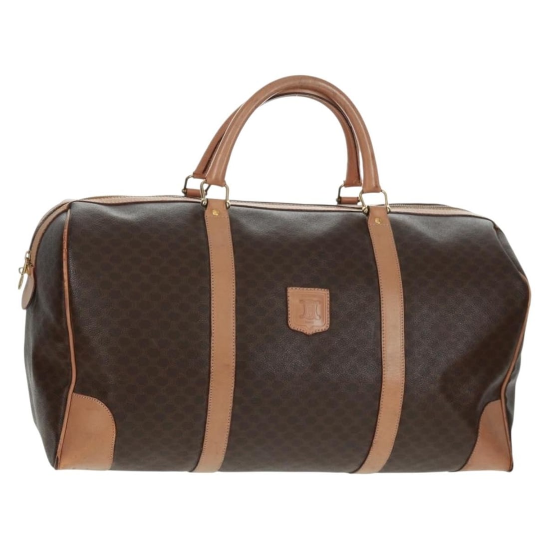 Celine Macadam Boston Bag in Brown PVC Leather and Canvas Gold Tone: Celine Macadam Boston Bag in Brown PVC Leather and Canvas Gold Tone This is a CELINE Boston Bag crafted from Macadam canvas and PVC leather in brown and gold tones. The bag features dual top handles,