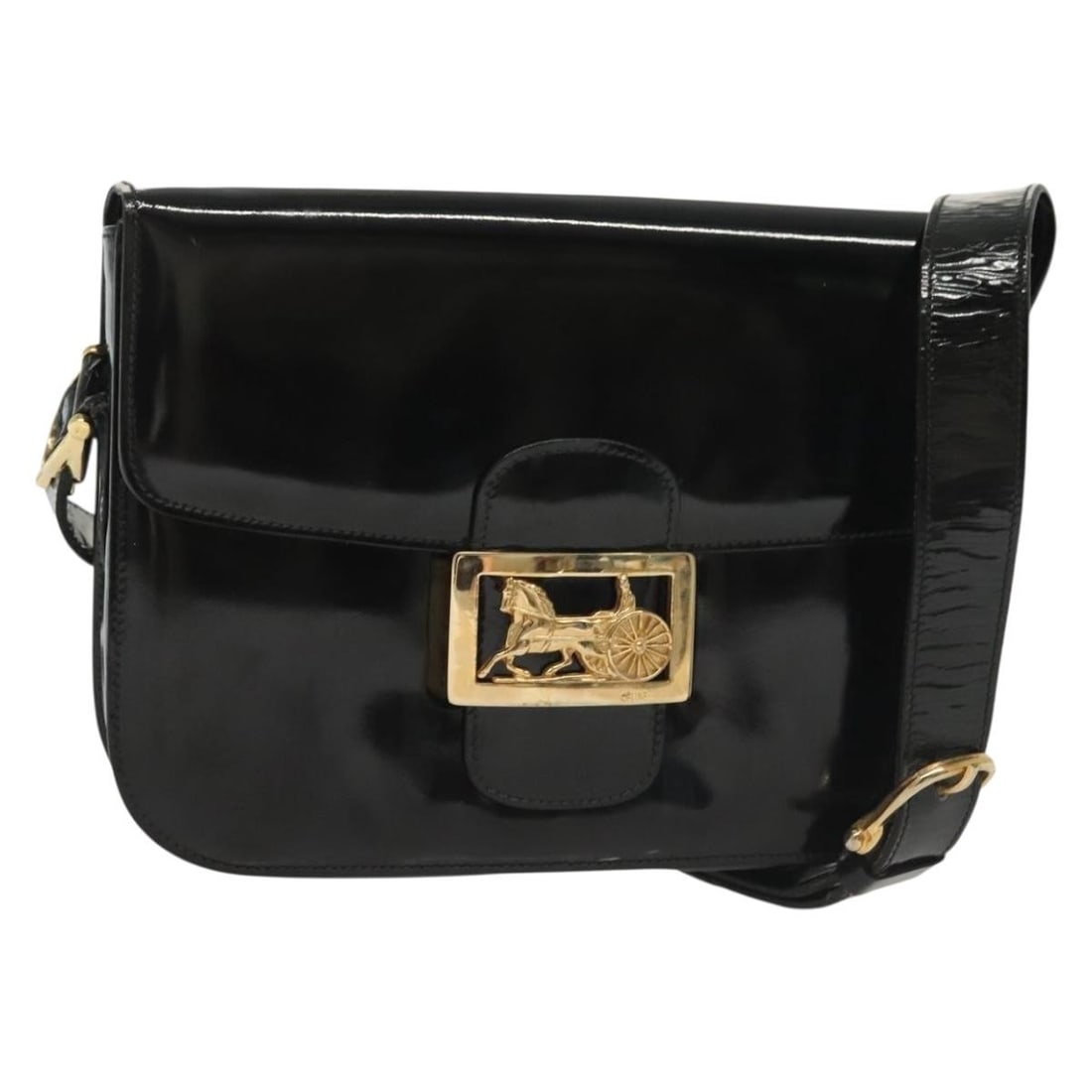 CELINE Horse Carriage Shoulder Bag Black Gold Patent Leather Italy: CELINE Horse Carriage Shoulder Bag Black Gold Patent Leather Italy This CELINE Horse Carriage Shoulder Bag is a stylish accessory crafted from high-quality patent leather in a striking black and gold