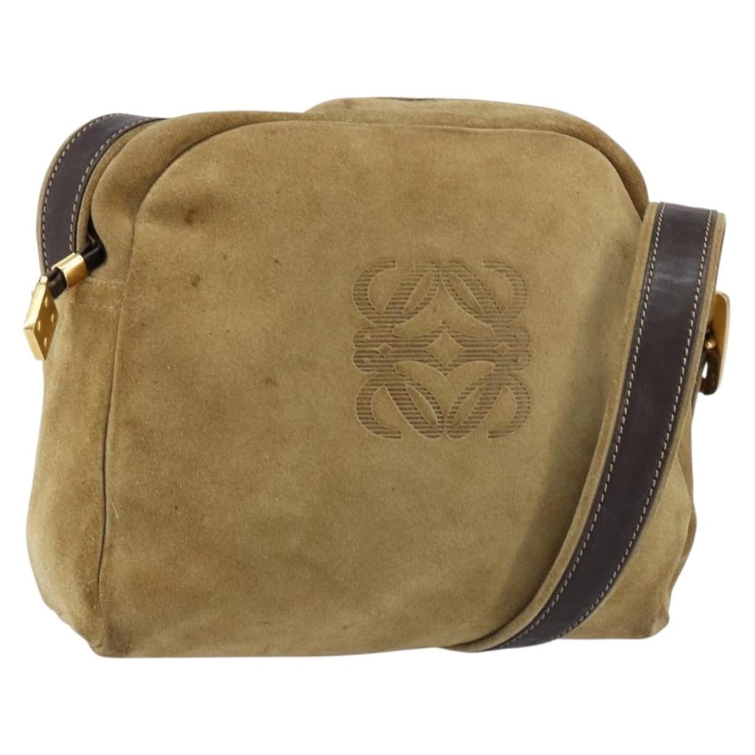LOEWE Anagram Suede Shoulder Bag Beige Gold Authentic Spain: LOEWE Anagram Suede Shoulder Bag Beige Gold Authentic Spain This LOEWE Anagram Shoulder Bag is a stylish accessory that embodies the brand's luxurious aesthetic. Crafted in Spain from soft suede, the