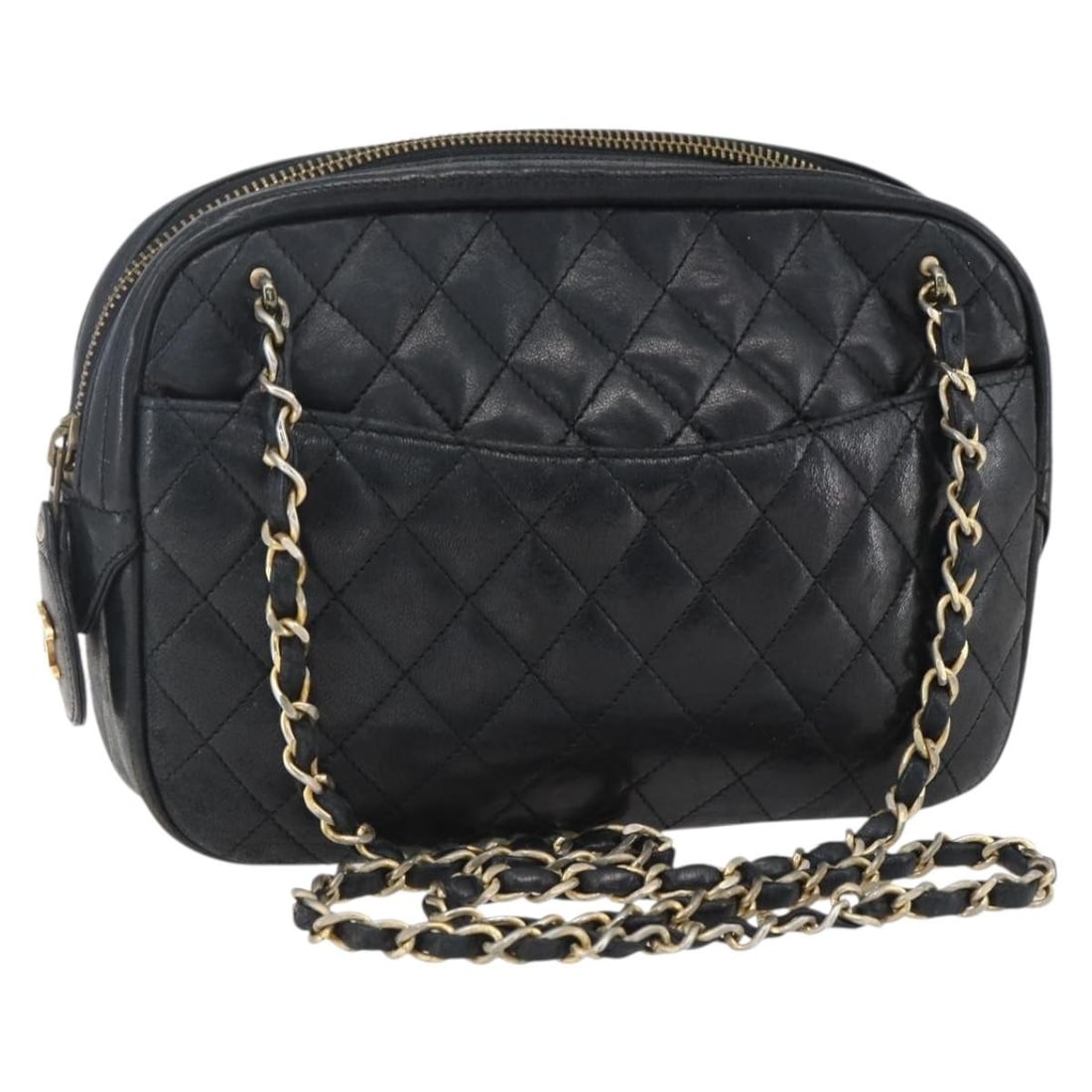 CHANEL Black Lambskin Matelasse Shoulder Bag with Gold Chain and CC Logo: CHANEL Black Lambskin Matelasse Shoulder Bag with Gold Chain and CC Logo This CHANEL Matelasse chain shoulder bag is crafted from black lambskin leather with gold-tone accents. The bag features a clas