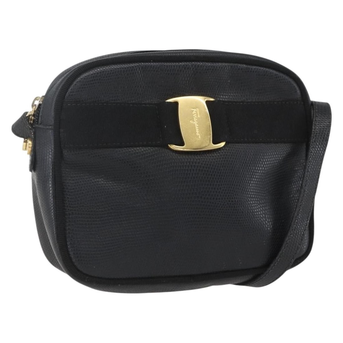 Black Leather Salvatore Ferragamo Shoulder Bag with Gold Tone Hardware: Black Leather Salvatore Ferragamo Shoulder Bag with Gold Tone Hardware This Salvatore Ferragamo shoulder bag is crafted from black leather with gold-tone accents. Made in Italy, it features an adjusta