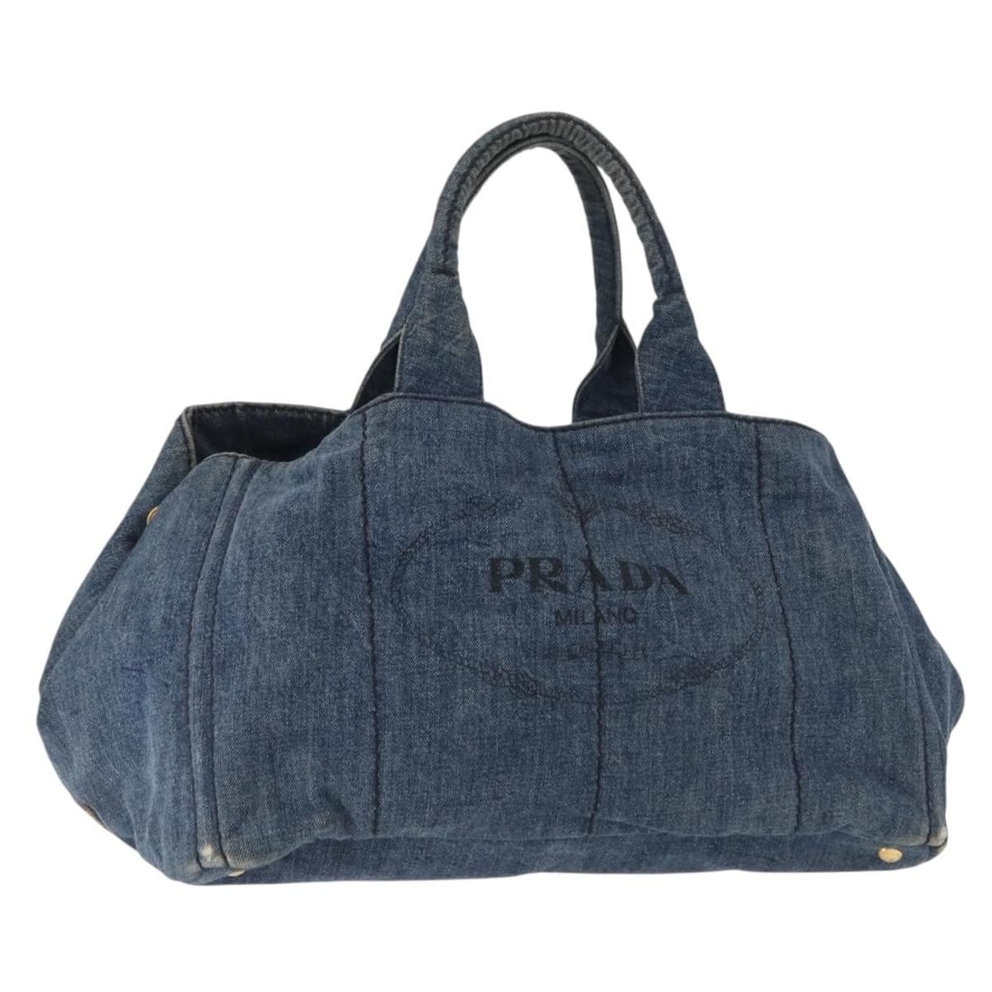 PRADA Canapa GM Denim Blue Hand Bag Gold Authentic 155724: PRADA Canapa GM Denim Blue Hand Bag Gold Authentic 155724 Introducing the PRADA Canapa GM Hand Bag, a stylish accessory crafted in Italy from durable canvas. This eye-catching bag features a chic blue