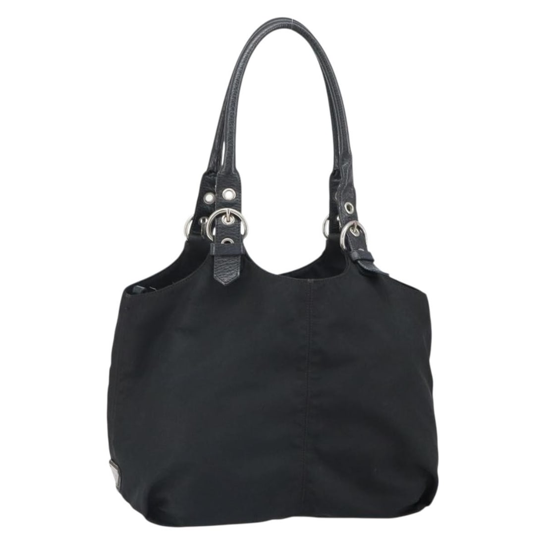 Black Nylon Prada Handbag with Silver Accents Made in Italy: Black Nylon Prada Handbag with Silver Accents Made in Italy This PRADA hand bag is crafted from black nylon with silver-tone accents. Made in Italy, it features a spacious interior and a practical han