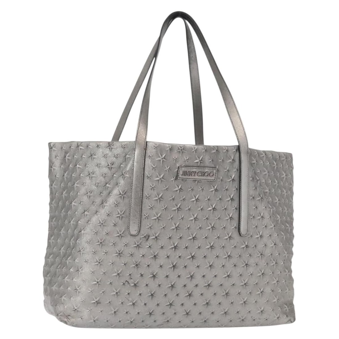 Silver Leather Tote by Jimmy Choo Made in Italy: Silver Leather Tote by Jimmy Choo Made in Italy This Jimmy Choo tote bag features a silver leather exterior and was crafted in Italy. The bag includes a spacious main compartment and comfortable handl