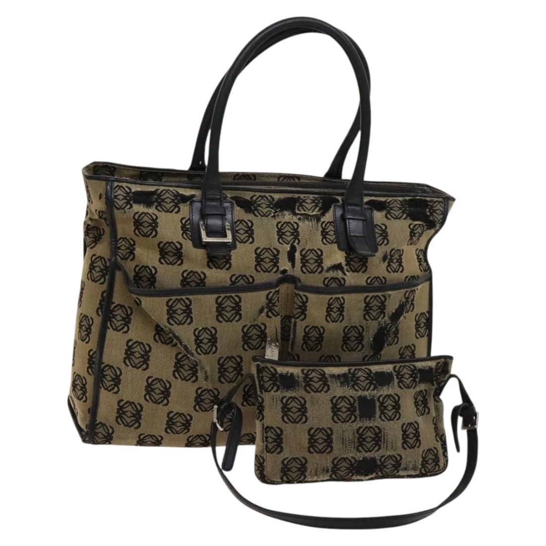 LOEWE Navy Canvas Anagram Hand Bag Set of 2 Authentic: LOEWE Navy Canvas Anagram Hand Bag Set of 2 Authentic Elevate your accessory collection with the LOEWE Anagram Bag Canvas 2Set in a sophisticated navy hue. This stylish hand bag is crafted from durabl