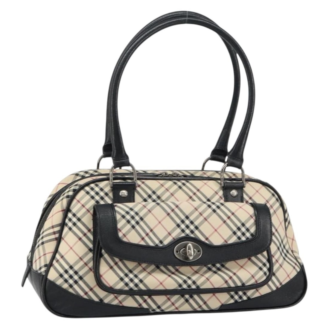 Beige Canvas Nova Check Handbag by Burberry: Beige Canvas Nova Check Handbag by Burberry This Burberry Nova Check hand bag features a beige canvas exterior with the brand's signature pattern. The bag includes a handle with an approximate drop of