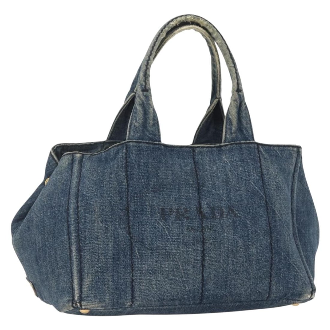 Blue Canvas Canapa MM Tote by Prada with Gold Accents: Blue Canvas Canapa MM Tote by Prada with Gold Accents This PRADA Canapa MM handbag is crafted from blue canvas with gold-tone accents. Made in Italy, this spacious handbag features dual top handles an